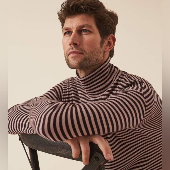 NWT Reiss Cedric Wool Striped Roll Neck Turtleneck Jumoer Dusty Pink Bordeaux S - Picture 2 of 10
